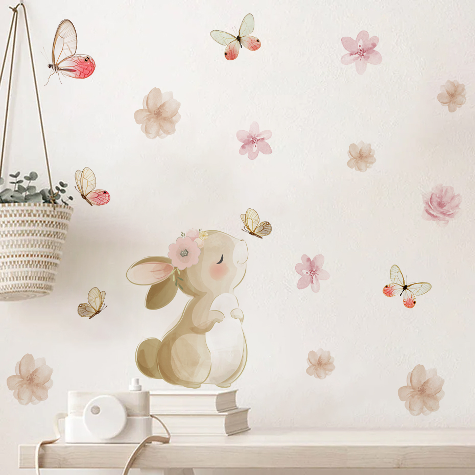 Baby Nursery Decor Girl - Мультфильм кролик цветы бабочка стикер на